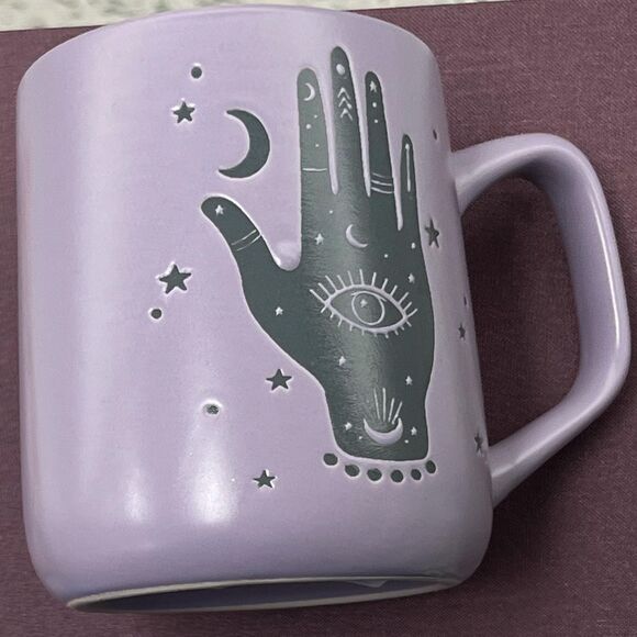 Fig and Fern Boho HAMSA HAND Evil Eye Ceramic Coffee Mug Purple - Picture 1 of 13